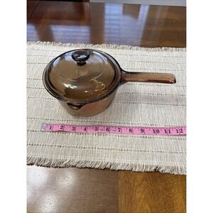 Vision 1 Liter Corning Ware Amber Glass Sauce Pan Pot Spout W/Pyrex Lid EUC